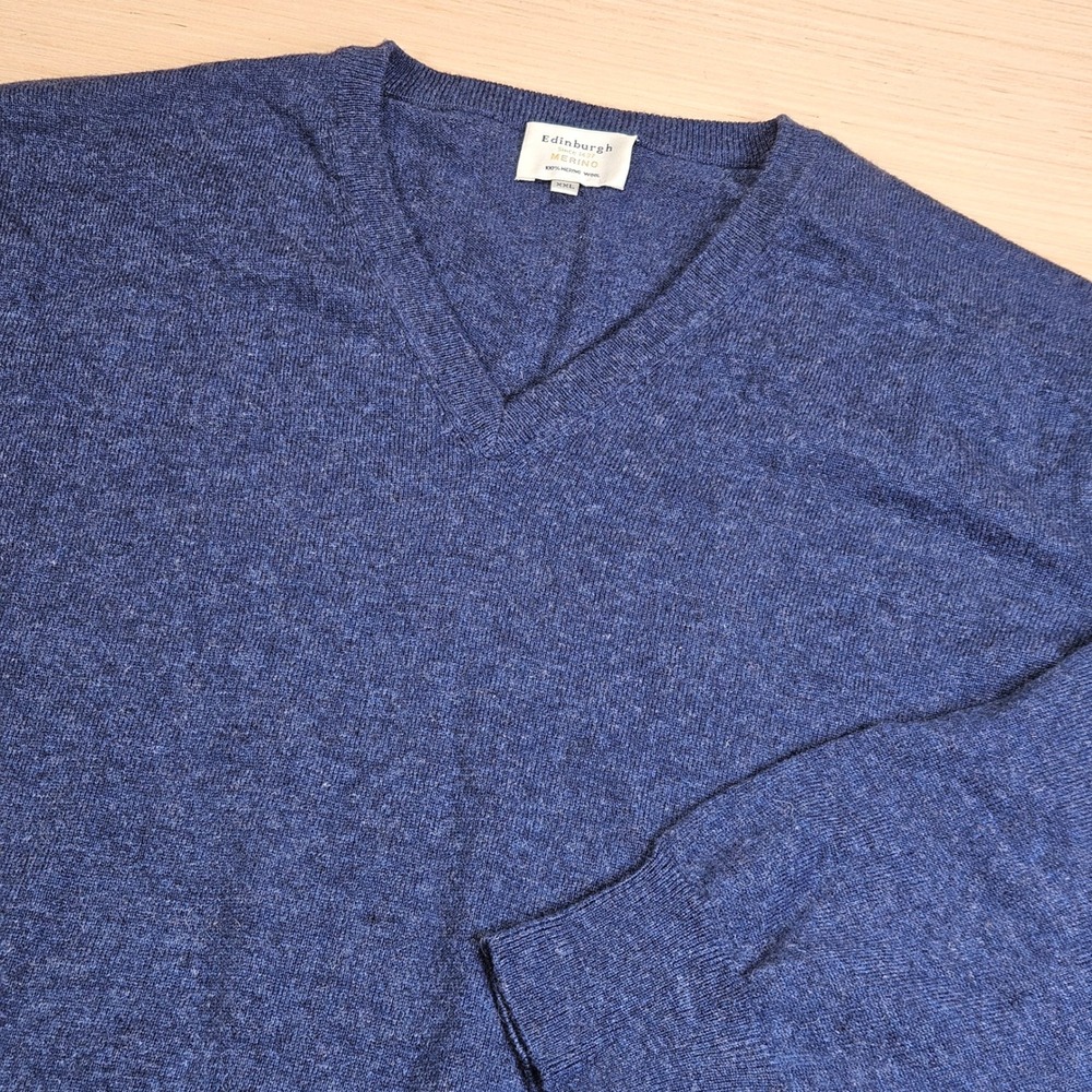 Edinburgh Merino Wool V-Neck Sweater Men XXL Blue Long Sleeve Pullover Knit Soft